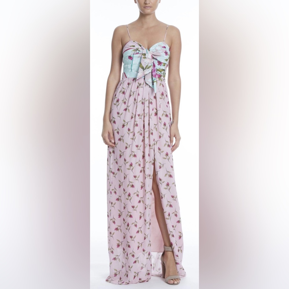 NWT Belle Badgley Mischka Ollie Floral Sweetheart Neck Front Slit Maxi D…